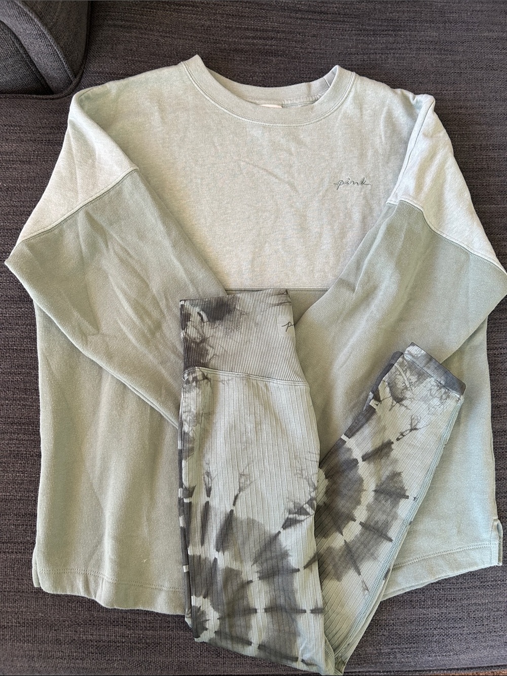 PINK Victoria's Secret Sage Green Sweatshirt (S), Seamless Tie dye Leggings (XS)